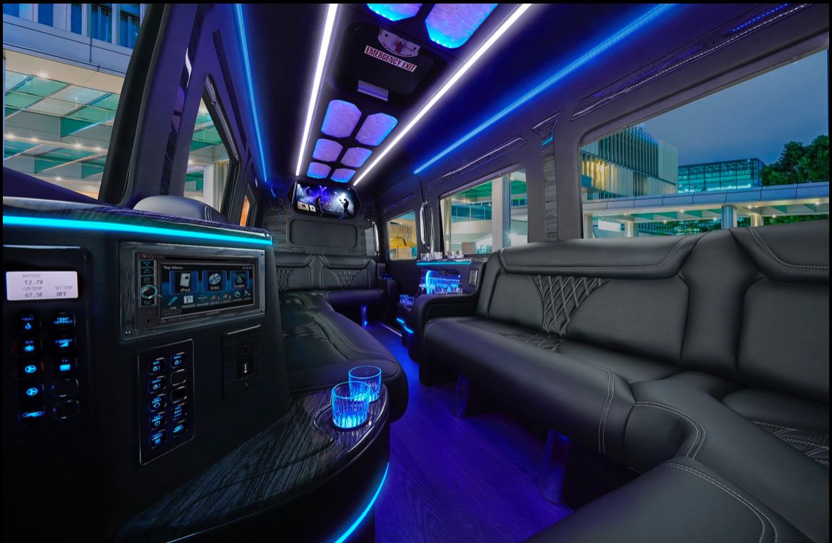 Mercedes Sprinter limo interior with LED ceiling
