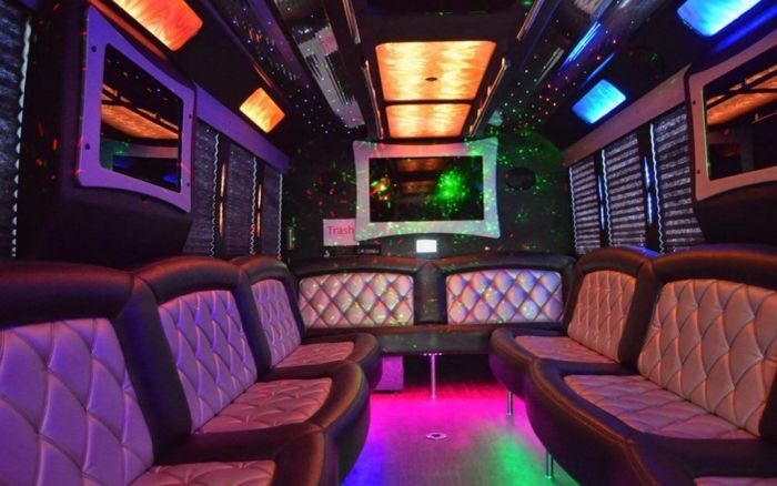 Party bus lounge with LED ceiling – Laporte limo service